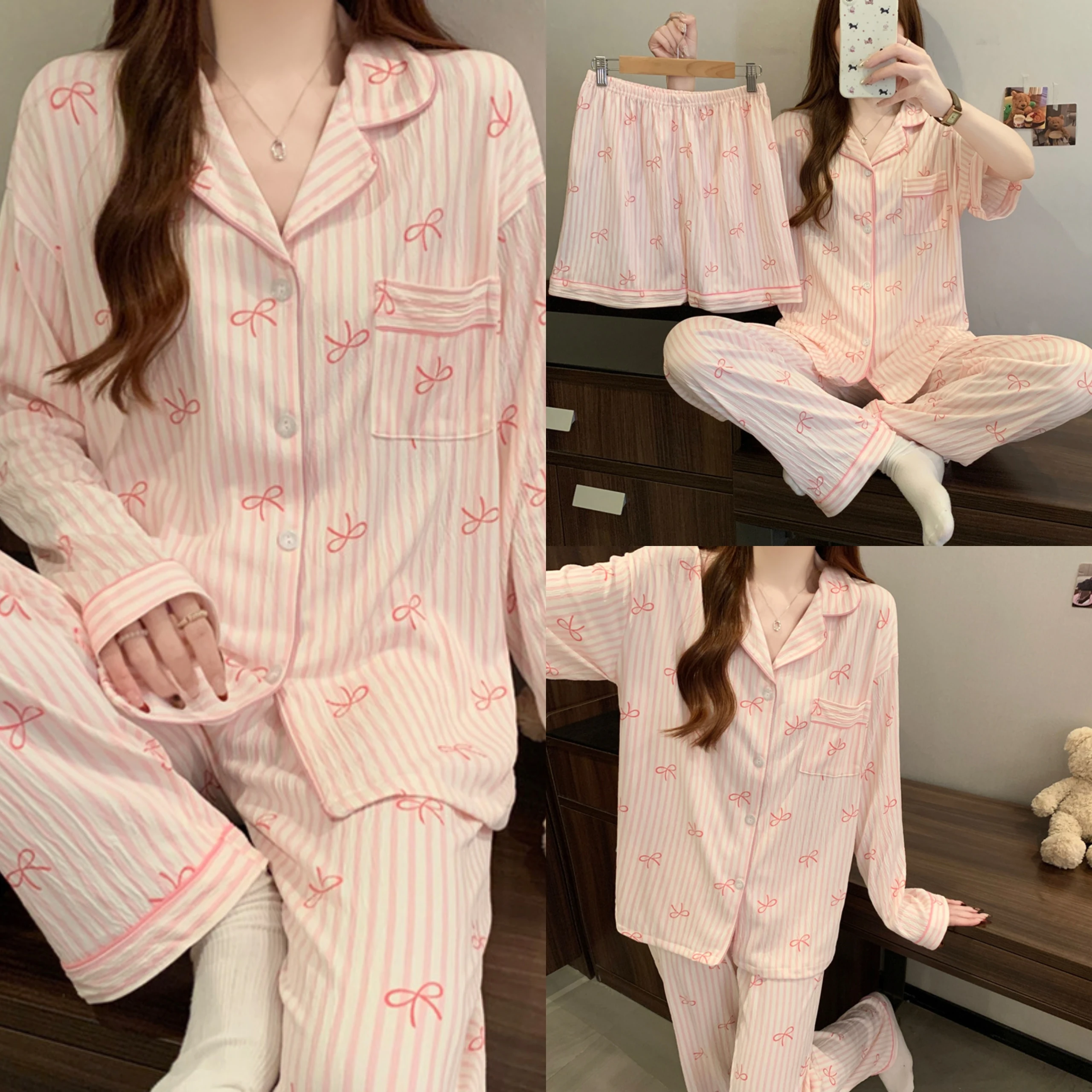 

Sweet Striped Korean-Style Bow Print Crepe Pyjamas for Women Homewear Short-Sleeved Three-Piece Set Actual Product Photography