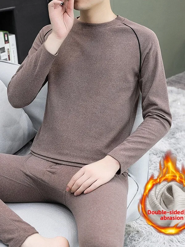 

Men's round Neck Thermal Underwear Set Double-sided Flocking Warmth Two-piece Suit for High School Students Autumn Clothes