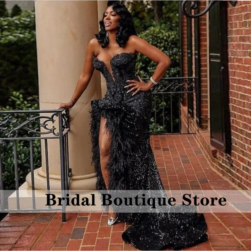 Black Evening Dresses Long Luxury 2025 Sweetheart Rhinestones Bead Feather High Slit Sexy African Formal Party Prom Gala Gowns