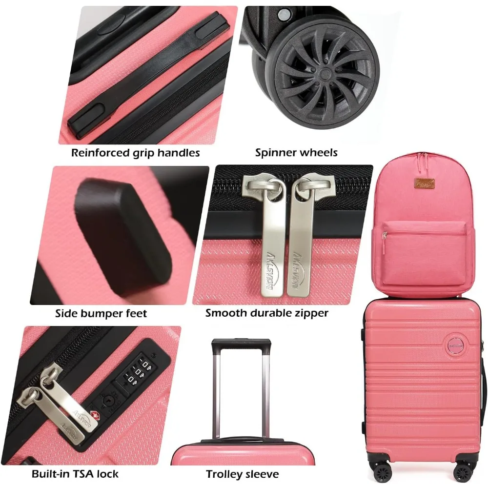 Carry-On Luggage Set with Backpack, 3-Piece Hardshell Suitcase with Spinner Wheels, TSA Lock, 20-Inch Lightweight Travel Set