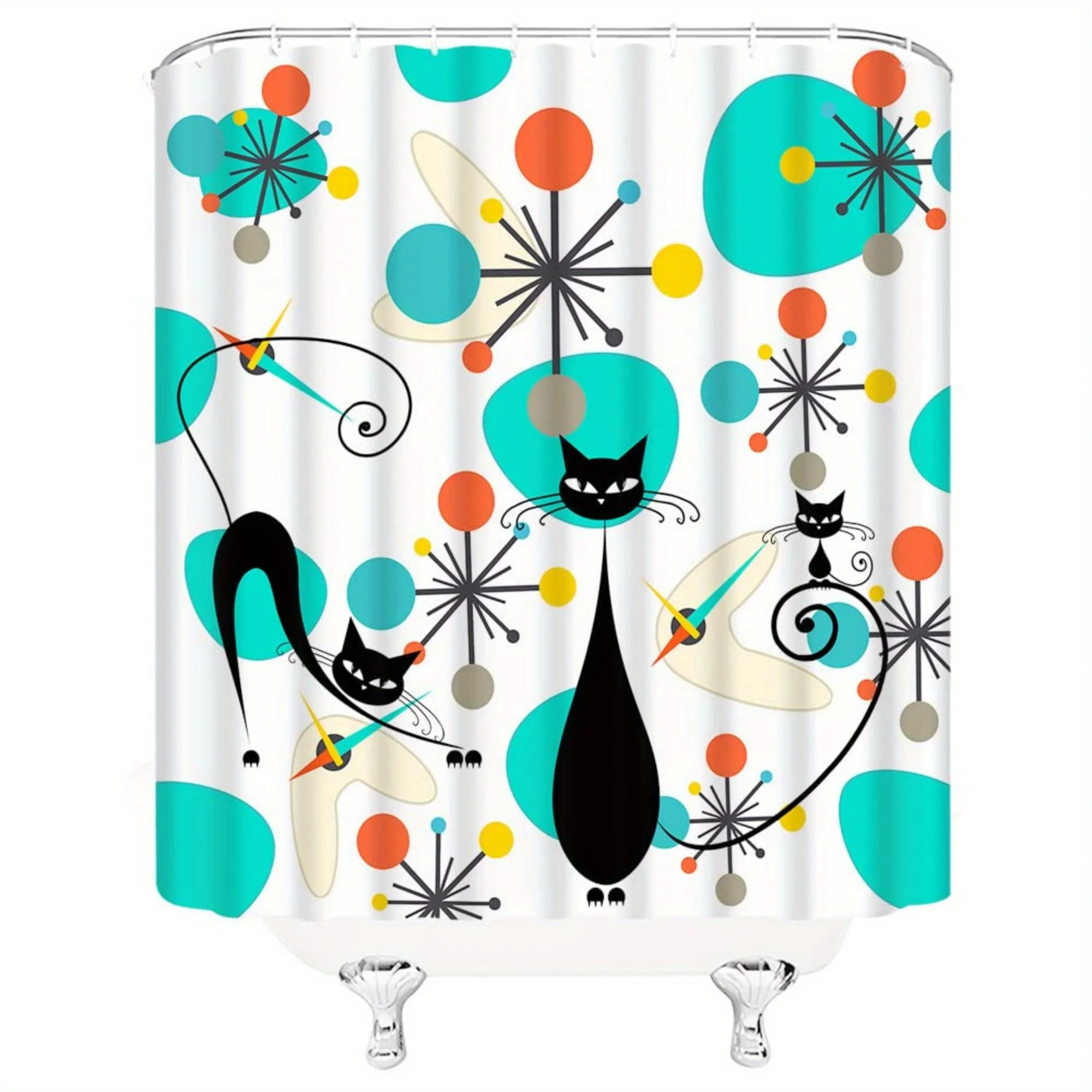 black cat shower curtain retro atomic starburst abstract geometric print vintage animal decor Can be used as a partition