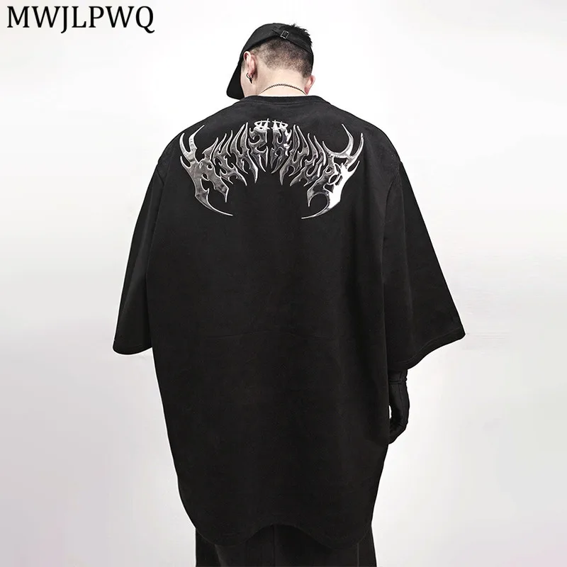 

MWJLPWQ Hip-Hop Suede Design Short T-Shirt Men's High Street Letter Loose Oversize Shoulder Pad Short Sleeve Casual Tops 11732