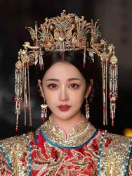 Luxury Women's Gold-plated Phoenix Fringe Hair Crown Set Chinese Wedding Headwear