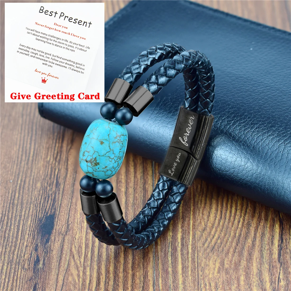 Hot Sale Natural Turquoise Barrel Beads Hand-Woven Leather Bracelet Classic Men'S Stainless Steel Jewelry Bracelet Wrist Gift