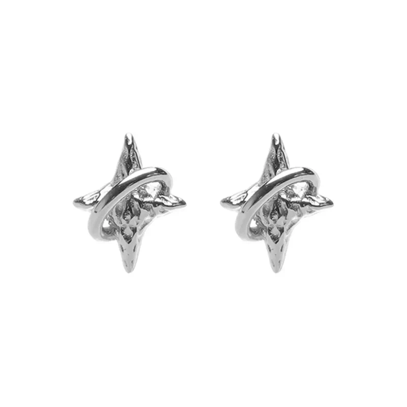 Four Pointed Star Earrings for Men Trendy Personalized Creative Meteorite Textured Ear Stud Versatile High-end Jewelry KOFSAC