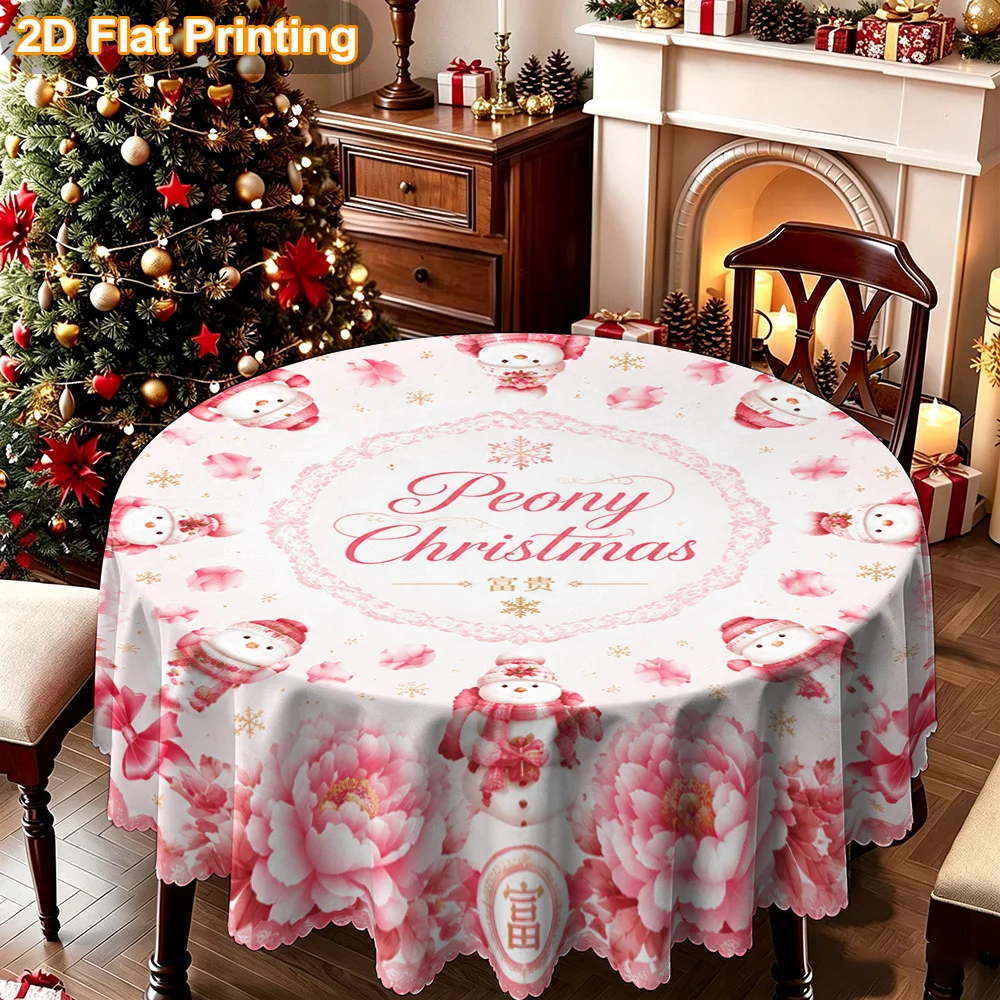Tablecloth Christmas gift 2D flat. 1 piece round table cover, peony snowman Christmas design print, Halloween decoration