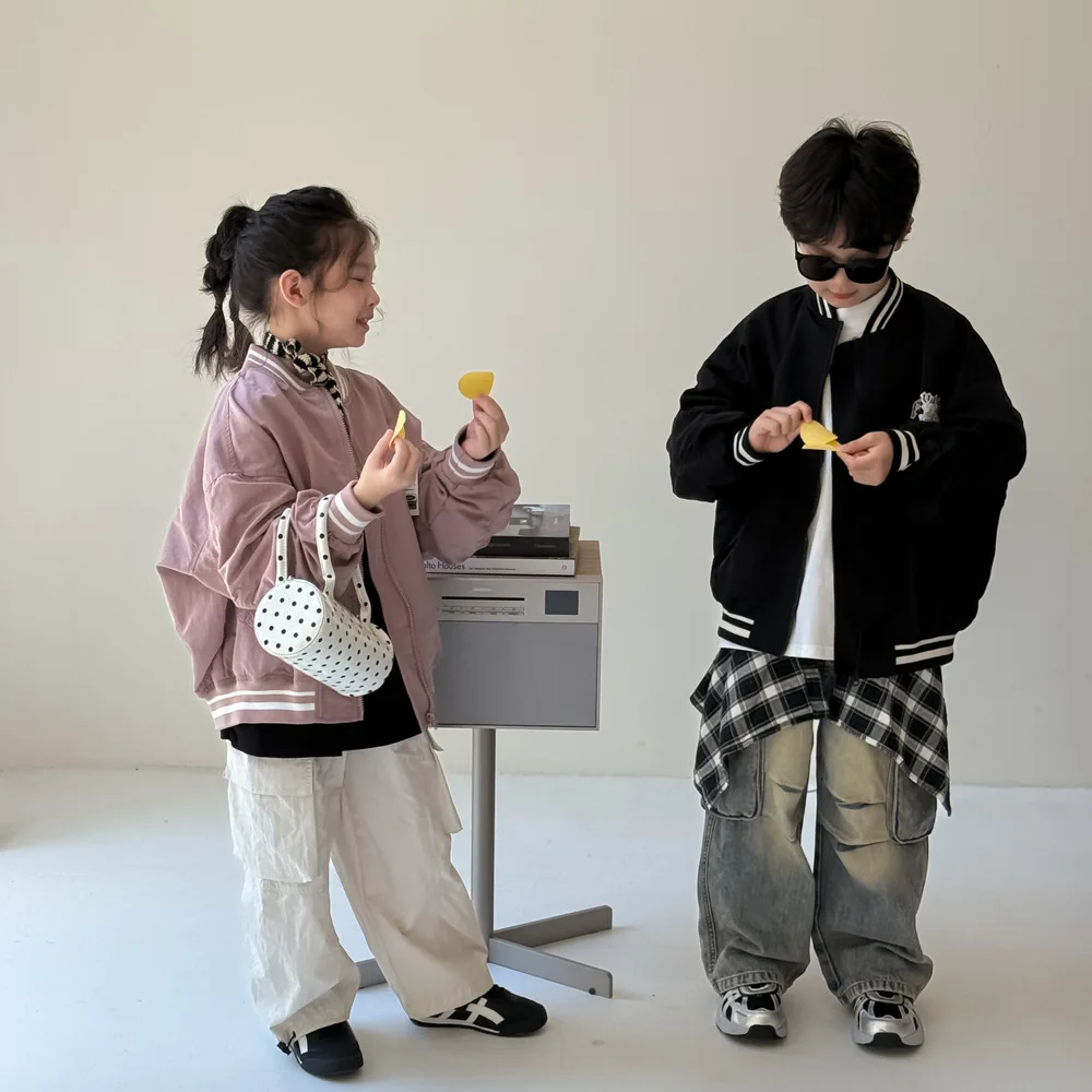 2025 Autumn Kids Baseball Jacket Unisex Letter Print Zip-Up Coat Zippered Coat Loose Fit Casual Outfit for Toddler Boys Girls