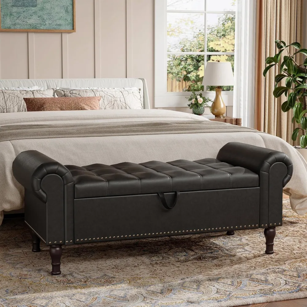 Storage Ottoman Bench for Bedroom, Upholstered Bedroom Bench with Rolled Arms and Vintage Rivets, Large Storage Chest