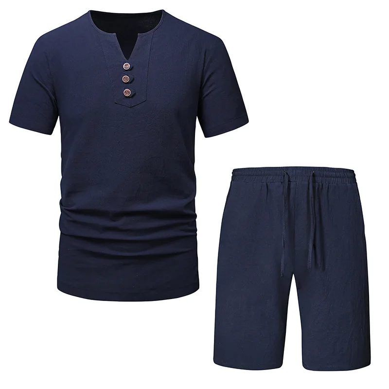 Summer New Men's Short Sleeved Shorts Set, Cotton and Linen V-neck Beach Casual Solid Color Shorts Set