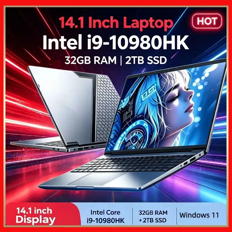 Intel Core I9-10980HK 14.1 Inch Laptop 16GB/32GB RAM 1/2TB SSD Portable Office Gaming Notebook PC WiFi BT New Fast Slim HD