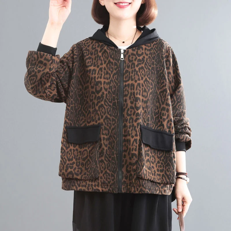 Middle Aged And Elderly Mothers\' Leopard Print Jacket 2023 Spring Autumn New Women Spliced Short Jacket Korean Loose Hooded Coat