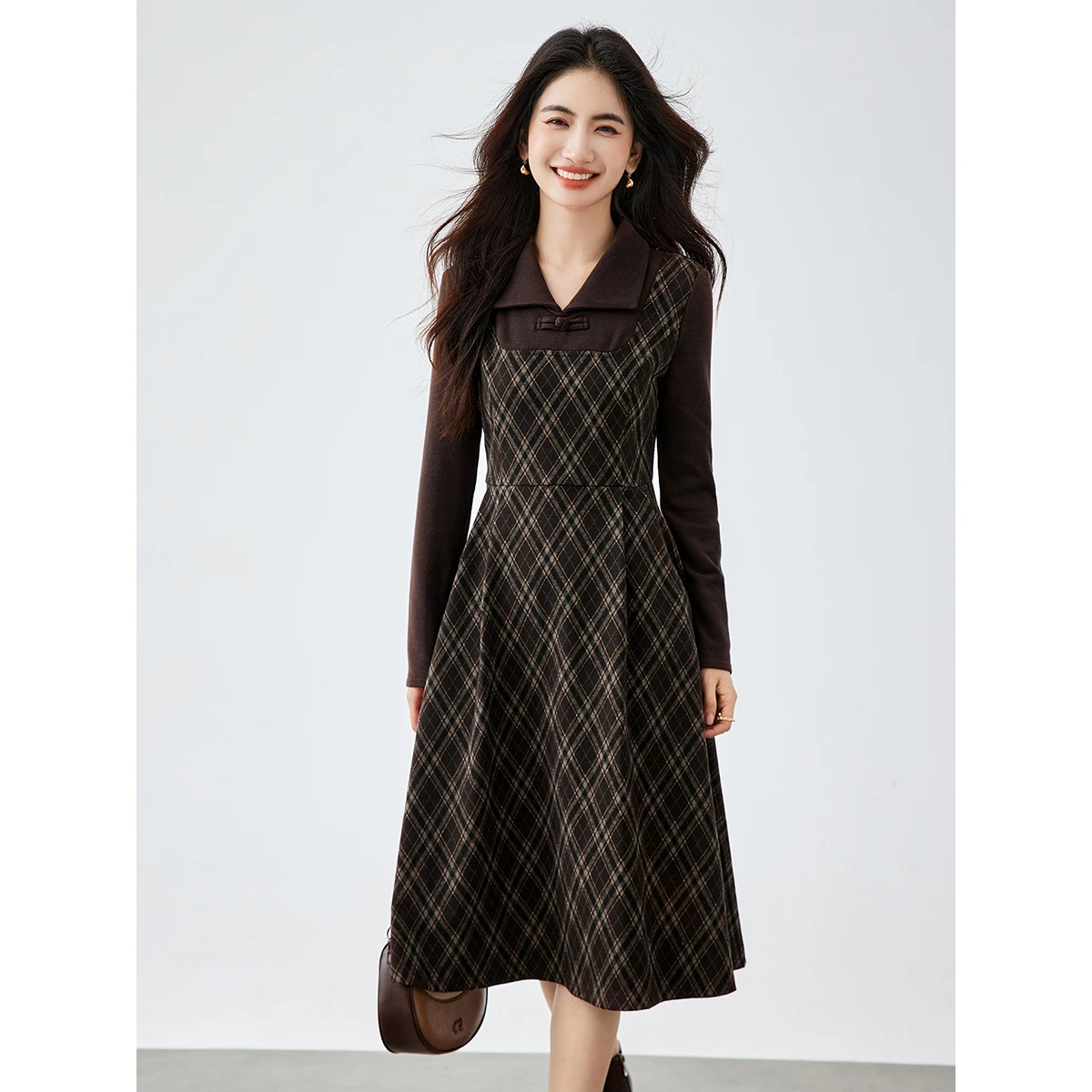 VIMLY Mock Two-Piece Women's 2025 Autumn New Chinese Style Lapel Plaid Pattern A-Line Elegant Office Lady Long Dresses A3177