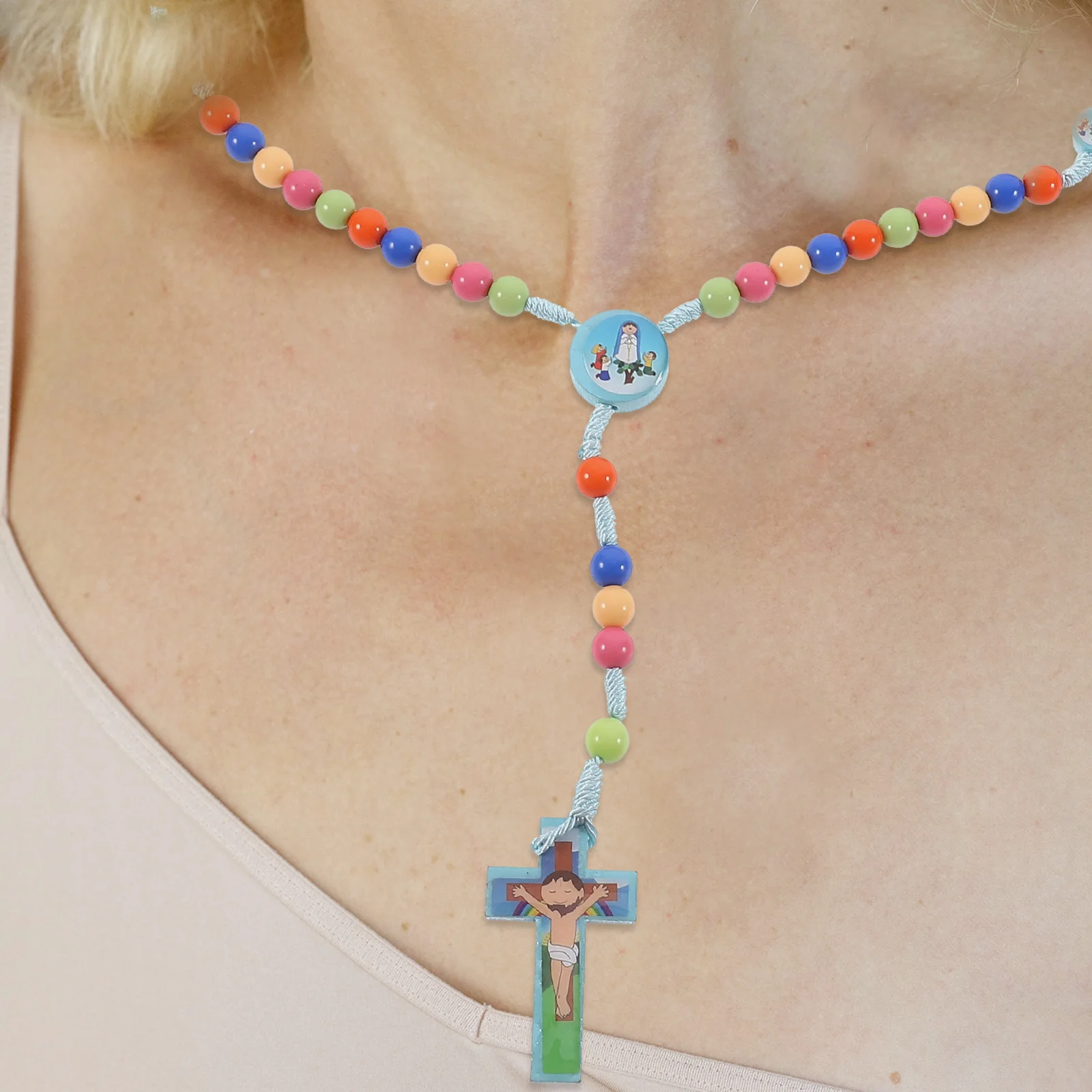 

Colorful Round Beads Necklace Plastic Cross Chain for Children H Woven Rosary Baptism Jewelry Trendy Accessories