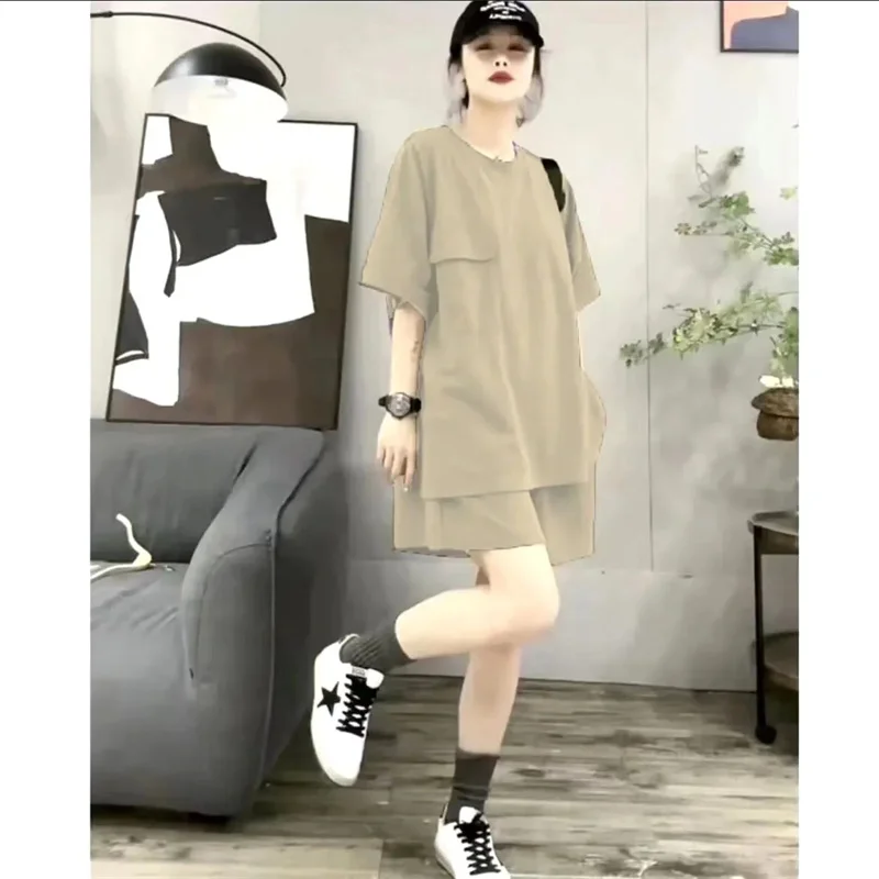 Summer Women Fashion Short Sleeve Two Piece Set Lady Thin Loose Top Short Pants Korean Feminine Large Size 5XL Solid Color 2PCS