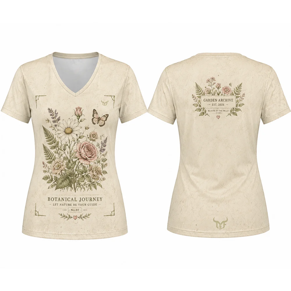 Women Vintage Botanical Floral Print T-shirt Summer Daily Cozy Breathable V Neck Short Sleeve Tops Ladies Fashion Casual Tee