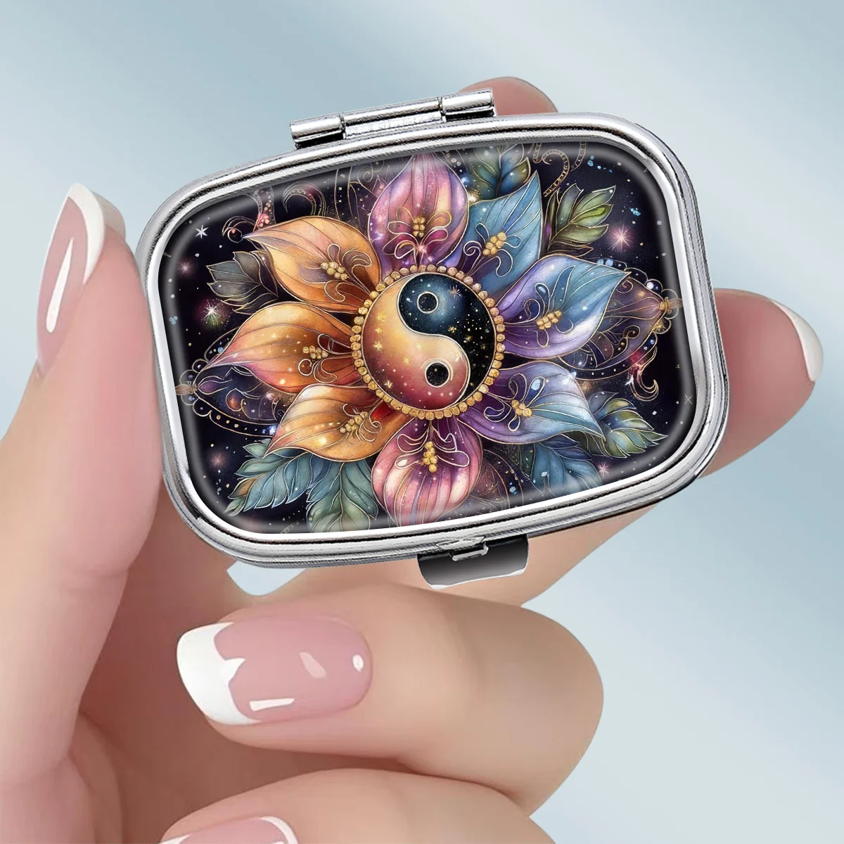 1PC compact 2-compartment square metal pill box, featuring a Zen-inspired fantasy yin-yang flower design, portable decorative vitamin storage box, or a unique gift for your wallet