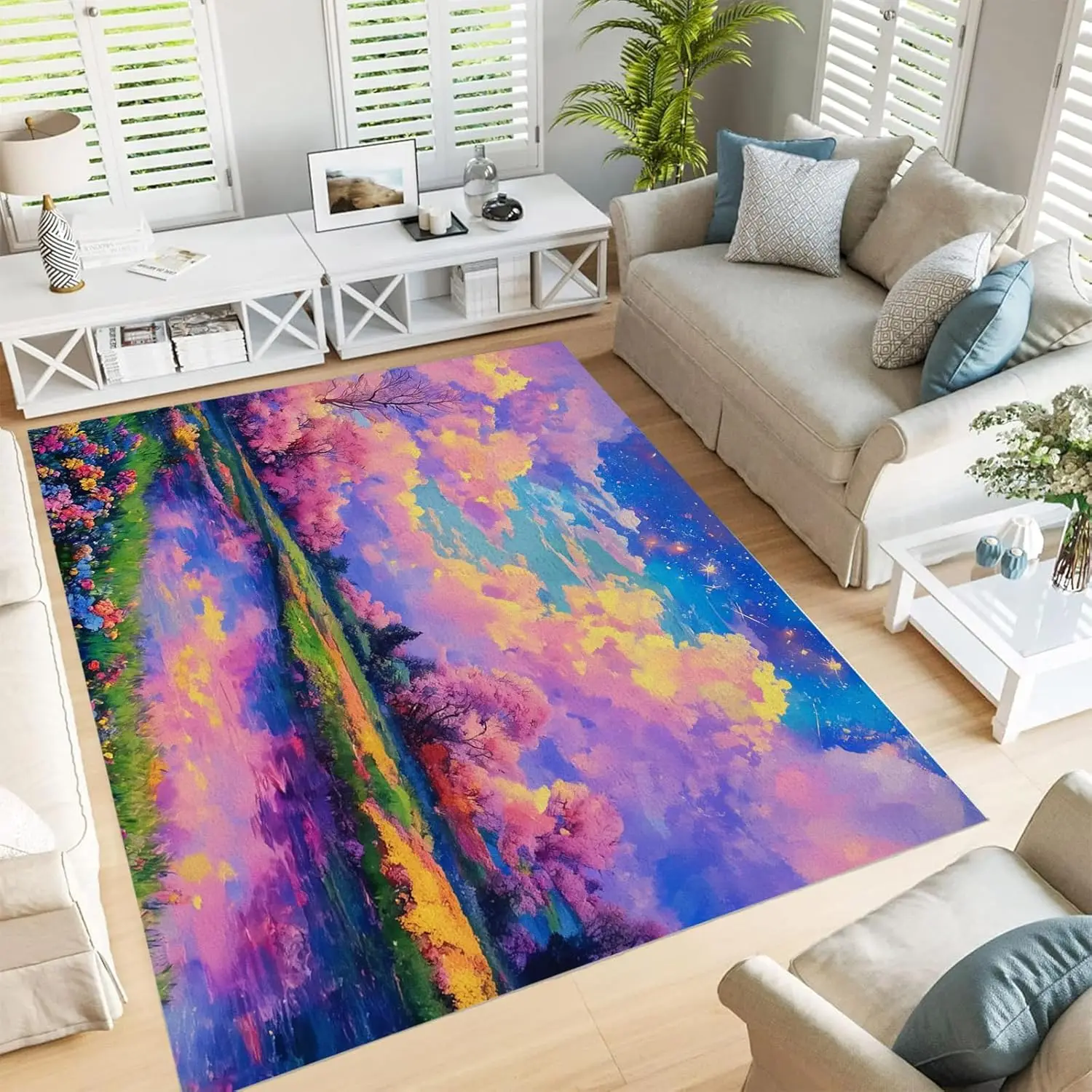 Super Soft Rugs for Living Room Bedroom Rug - Cherry Blossom Landscape Painting Low Pile Non Shed Fluffy Rug for Bedroom