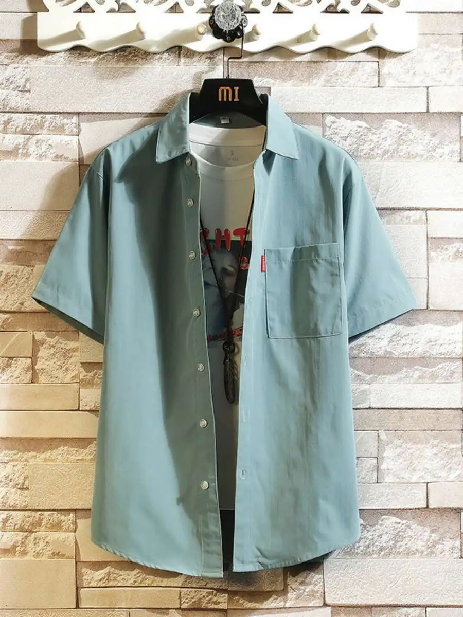 

Summer Men's Casual Loose Fit Short Sleeve Shirt Simple Design Turn-down Collar Teenage Size Large Base Layer Blouse