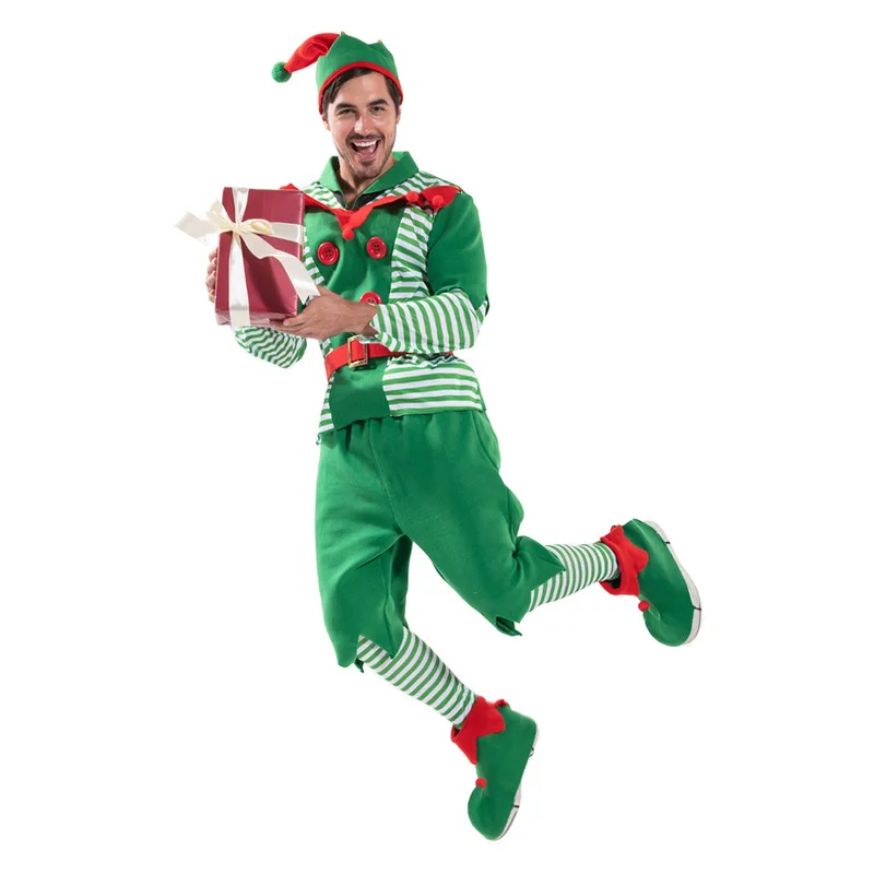 Le Cool New Costume : Striped Christmas Elf Men's Outfit for Holiday Party and Carnival Role Play