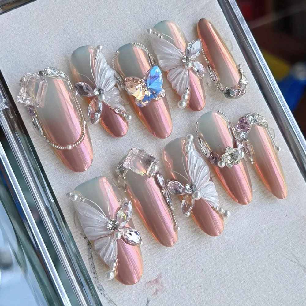 10Pcs Handmade Manicure Long Almond Fake Nails Luxury Diamonds Christmas & New Year Limited Nails Press On Nails Design with Set