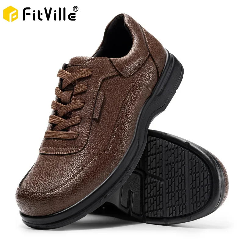 Fitville Men'S Business Leather Shoes Wide Design Casual Oxford Shoes  Non-Slip Water-Repellent For Swollen Feet With Adjustable
