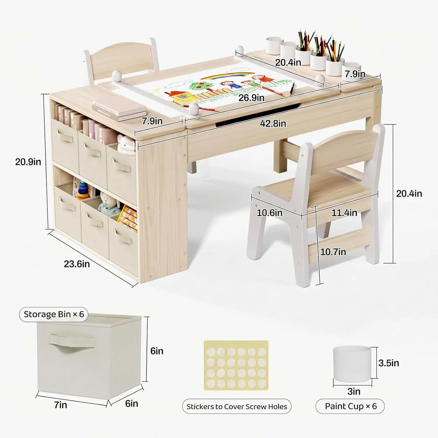Kids Activity Table Chair Set w/Easel Wood Desk Drawing Board Paint Cups Storage Bins Paper Roll Home Classroom, Customized