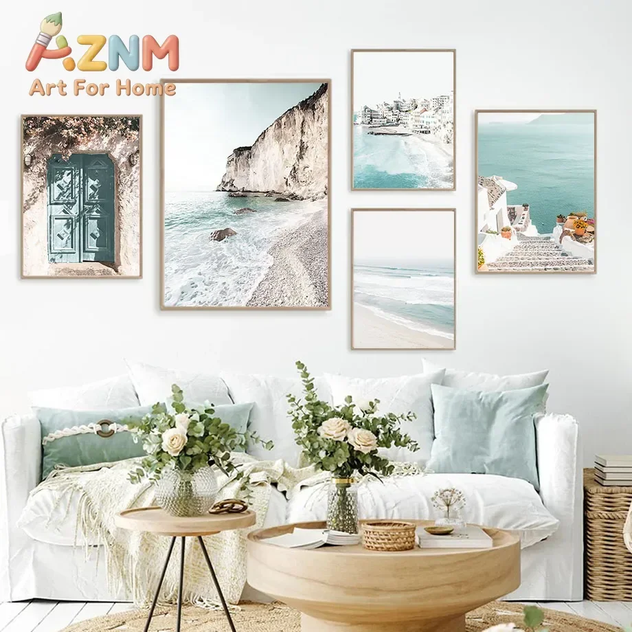 Wall Art Canvas Painting Santorini Beach Flower Landscape Sea Natural Posters And Prints Wall Picture For Living Room Home De