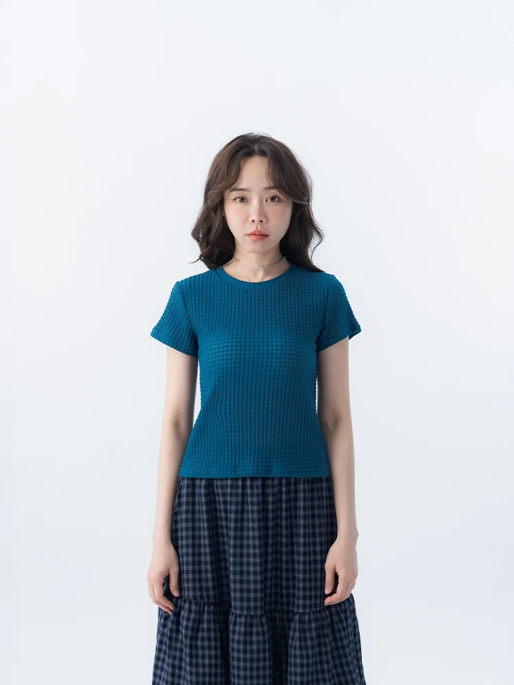Queenshop Spring Summer New Women's Short Version 3D Plaid Design Transparent Top Casual Style Polyester Knitted T-shirt