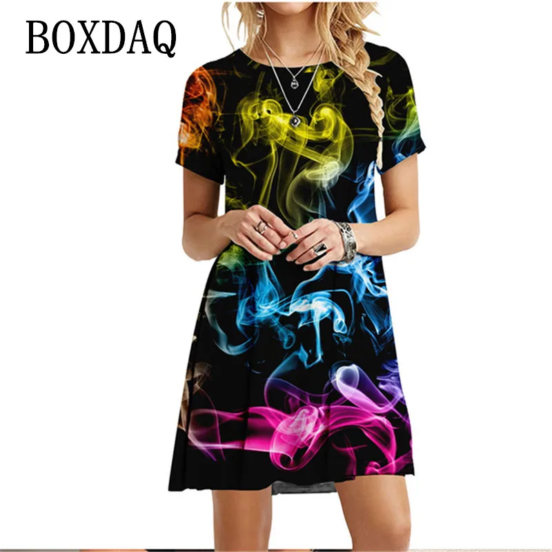 New 2022 Women Dresses 3D Flame Cloud Eruption Dress Summer Casual Short Sleeve Loose Plus Size Dress Fashion Print Clothing 6XL