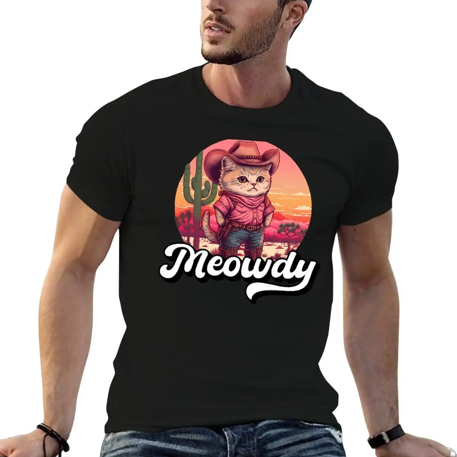 

Cowboy Cat Meowdy T-Shirt men t shirt cotton 100% anime t shirts for man T-Shirt