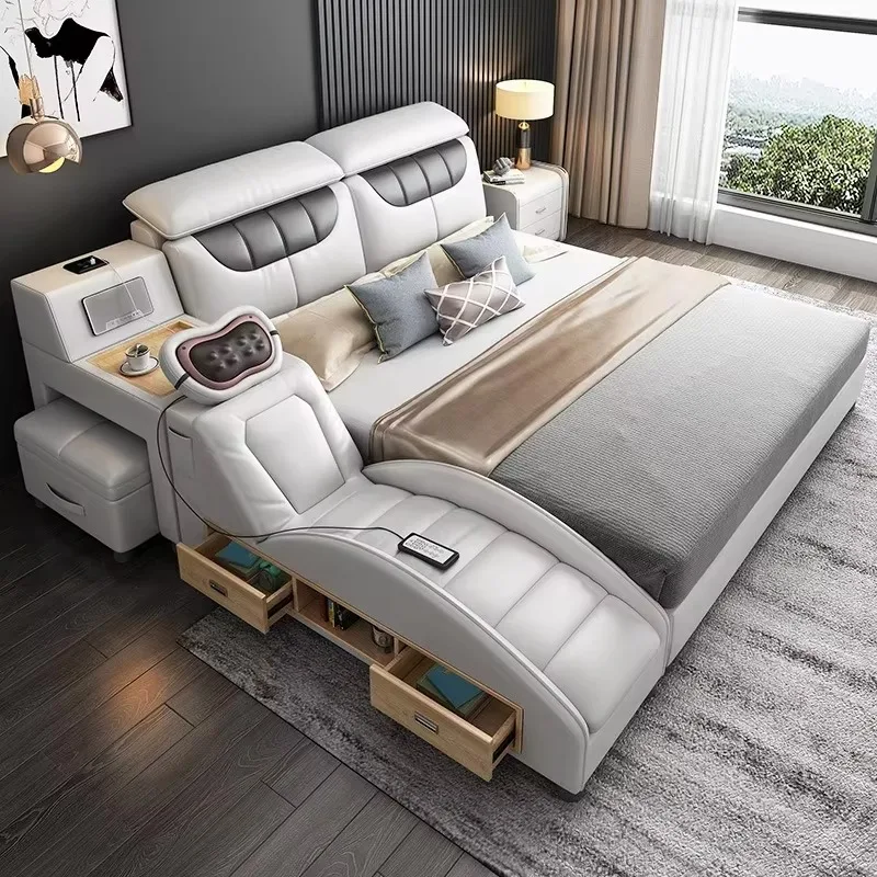 Up-holstered Modern Luxurious Multi-functional Smart Leather Bed With Massage Drawer Safe Double King Size Bunk Bed