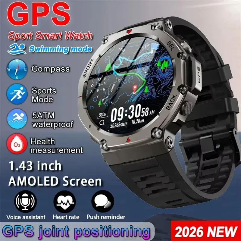 

2026 Men's Smart Watch GPS AMOLED Touch Screen 5ATM Outdoor Compass Fitness Sport Monitoring Smartwatch