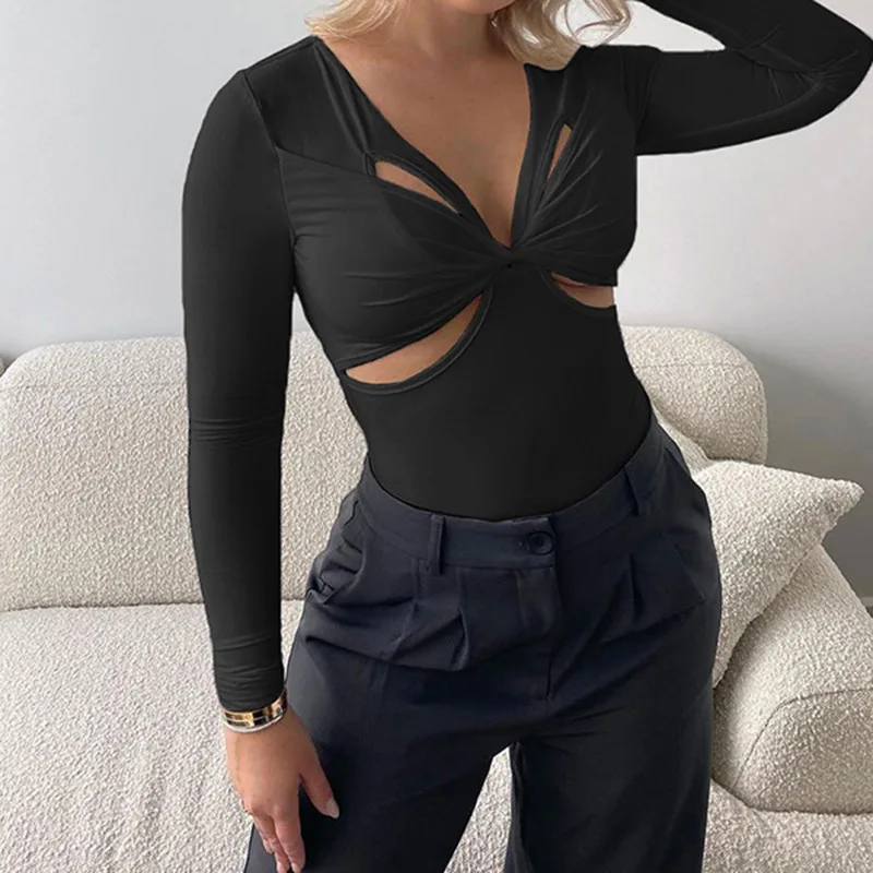 Sexy Women Long Sleeve Tops Fashion Hollow out Bodysuit Women's 2023 Autumn New Low cut Slim Solid Pleated Romper Lady Jumpsuit