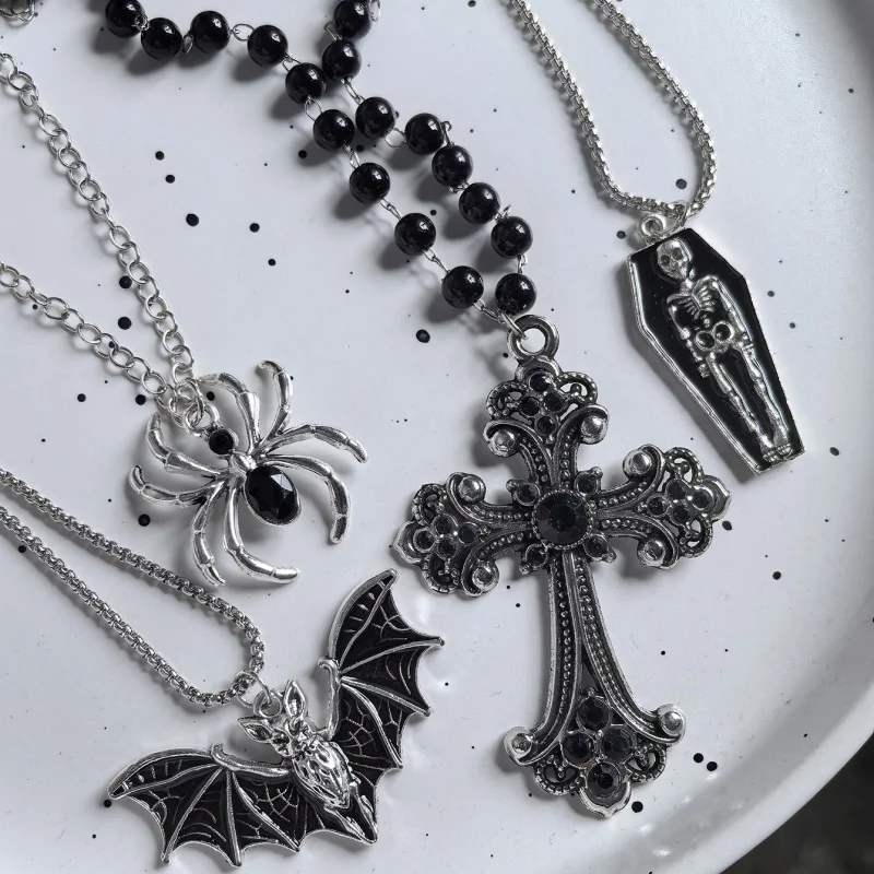 4Pcs Gothic Necklace Set, Retro Cross Bat Spider Skeleton Coffin Pendant Necklace, Dark Aesthetic Jewelry