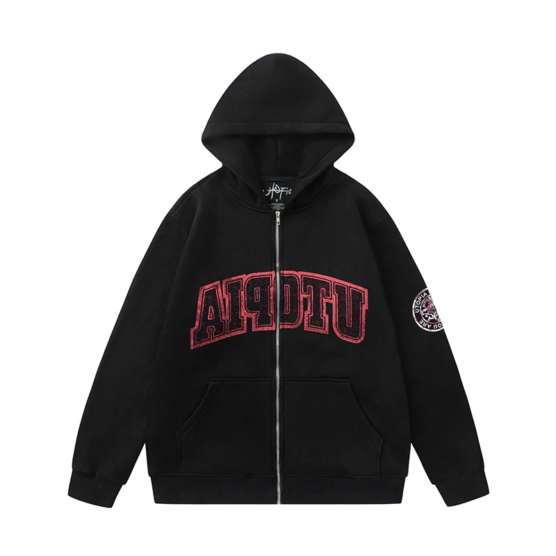 UTOPIA Reverse Alphabet Print Hoodie High Quality Pocket Zipper Hoody Fleece Sweashirts for Men Women