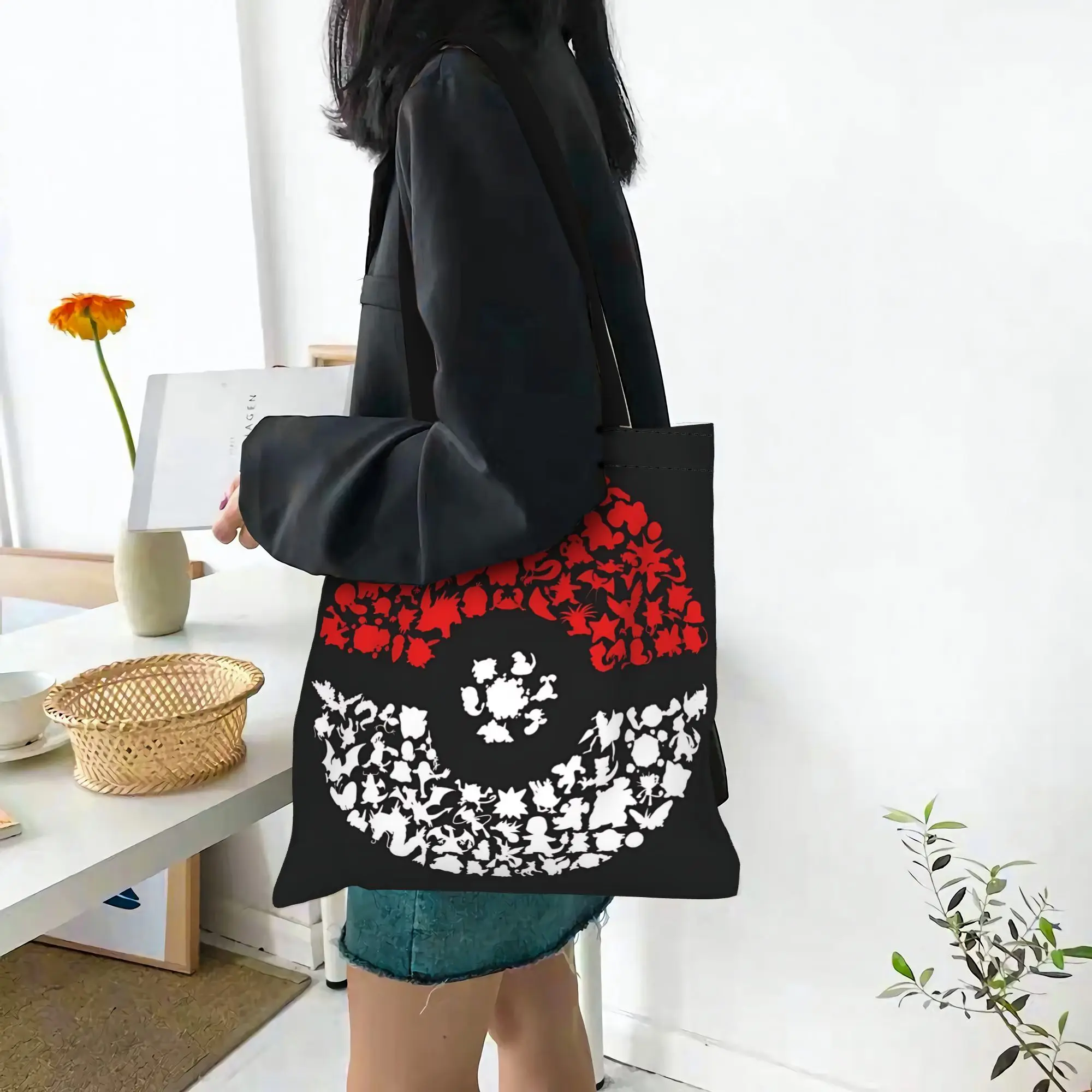 Customized POKEMON LOGO Women's Bag Shopping Bag Reusable Double Sided Canvas Tote Bag Shoulder  Handbag