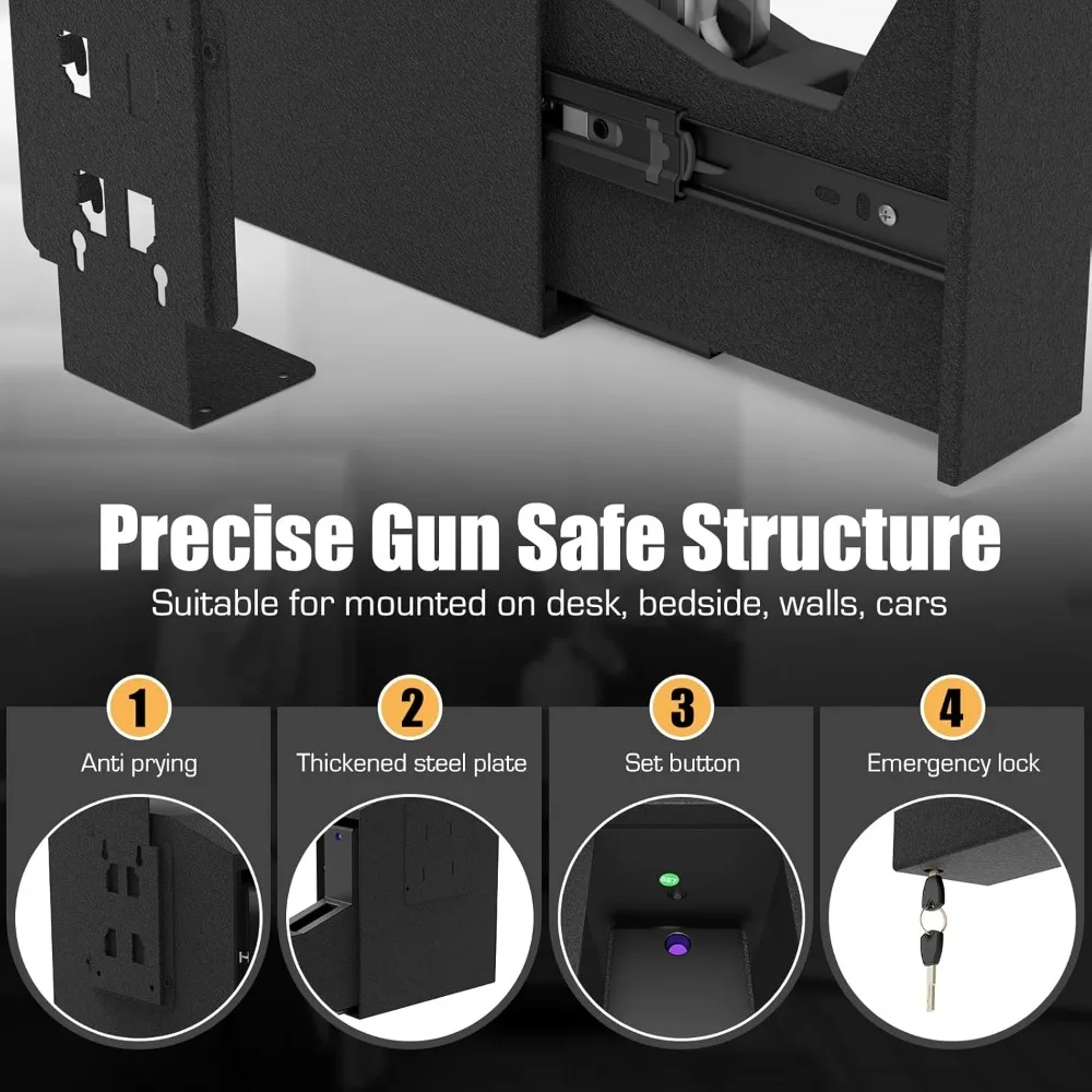 Gun Safe for Pistols, Biometric Wall Mounted Handgun Safe Box for Desk, Bedside,Truck，Drop Down Quick Access Security Safe with