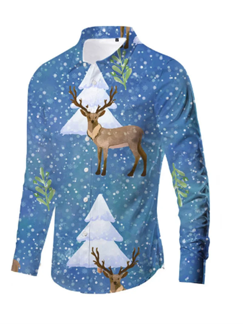 Camisa masculina de Natal estampada em 3D, blusa casual de Papai Noel, manga comprida, outono e inverno