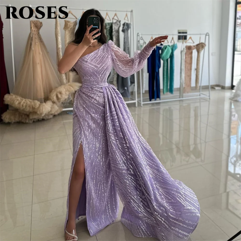 

ROSES Purple Elegant Prom Dresses Asymmetric Lantern Sleeve Formal Gown for Woman Satin Side Slits Evening Dress with Sequins