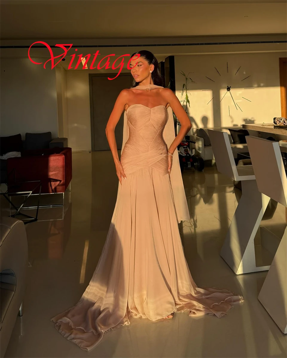 فستان سهرة كلاسيكي مخصص من الشيفون الشامبانيا عالي الجودة بدون حمالات بدون أكمام وسحاب خلفي حورية البحر فساتين مناسبة خاصة