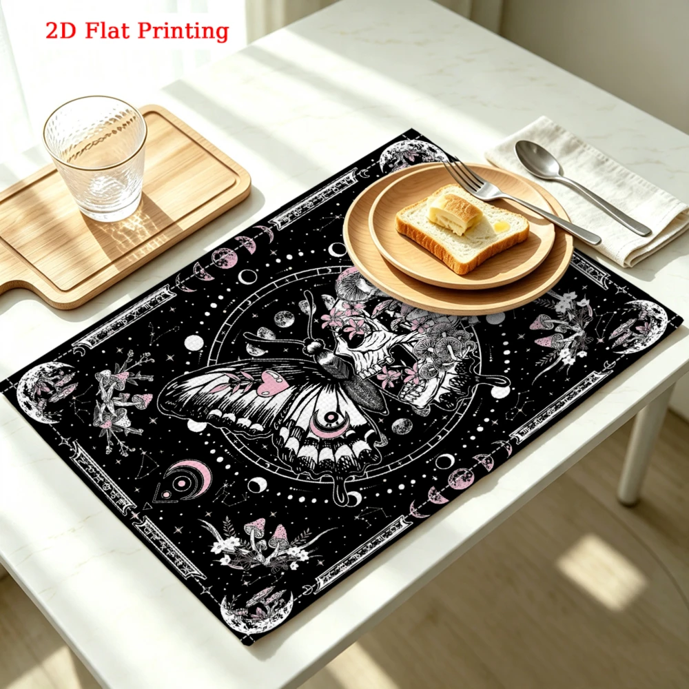 2Pcs Gothic Butterfly Placemat Black Moon Star Print Table Mat Kitchen Dining Decor Protection 30X40Cm