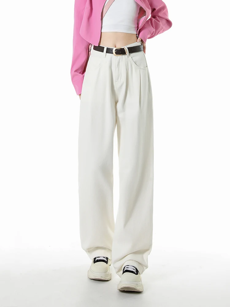 Wide Leg Jeans with Belt Women High Waist Slim Loose Casual Vintage 2023 New Straight Trousers Ladies White Black Denim Pants