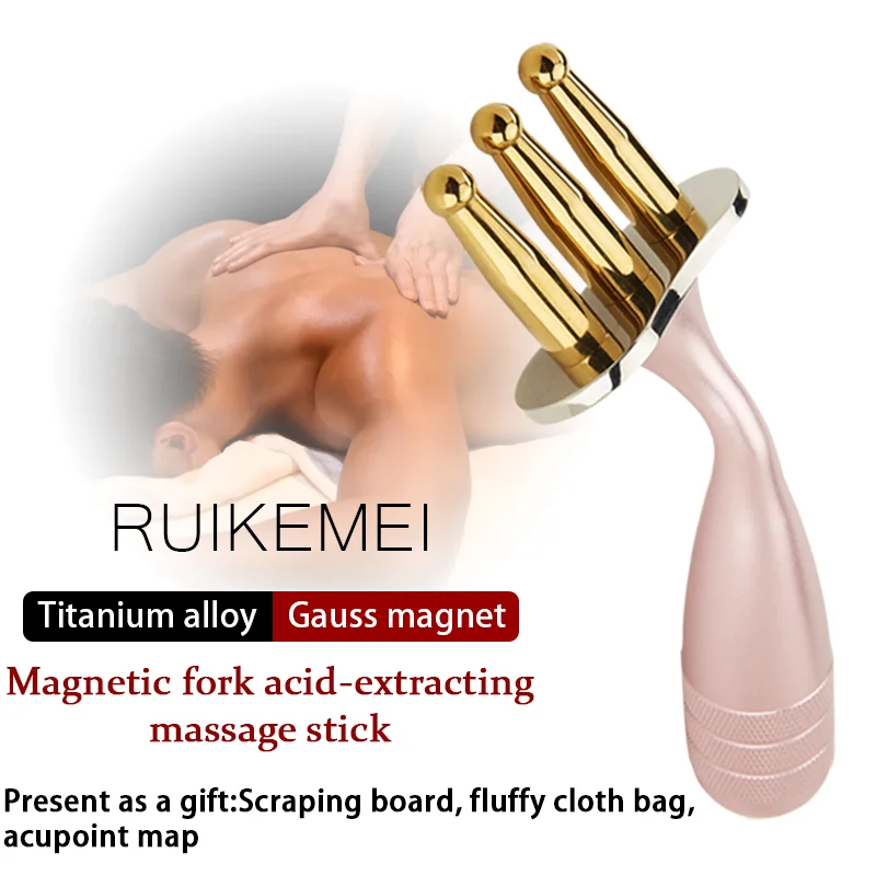 

Pink curved-handle magnetic fork made of titanium alloy lymph meridian massage stick acid discharge bar shoulder and neck