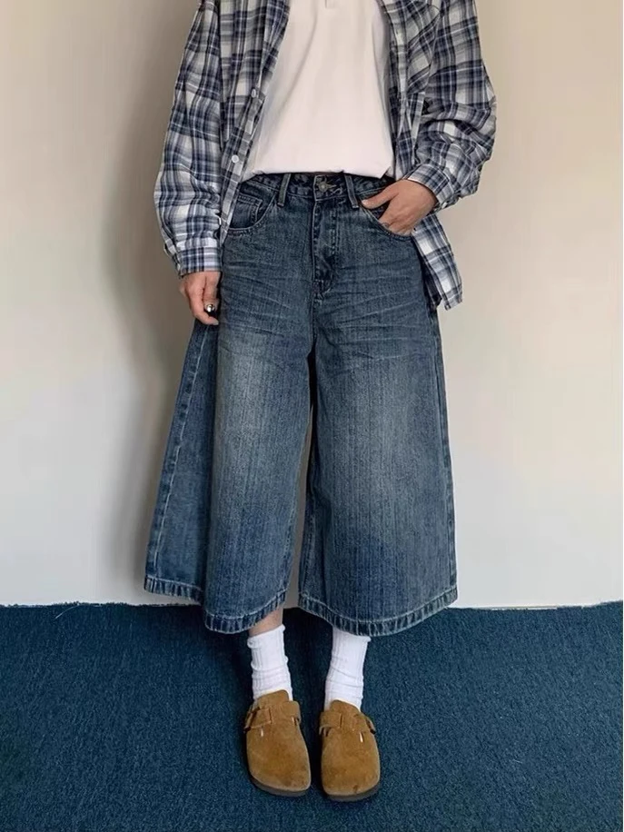 Pantaloni a sette piedi in denim scozzese americano retrò ket ex Pantaloni medi a gamba larga versatili casual larghi estivi