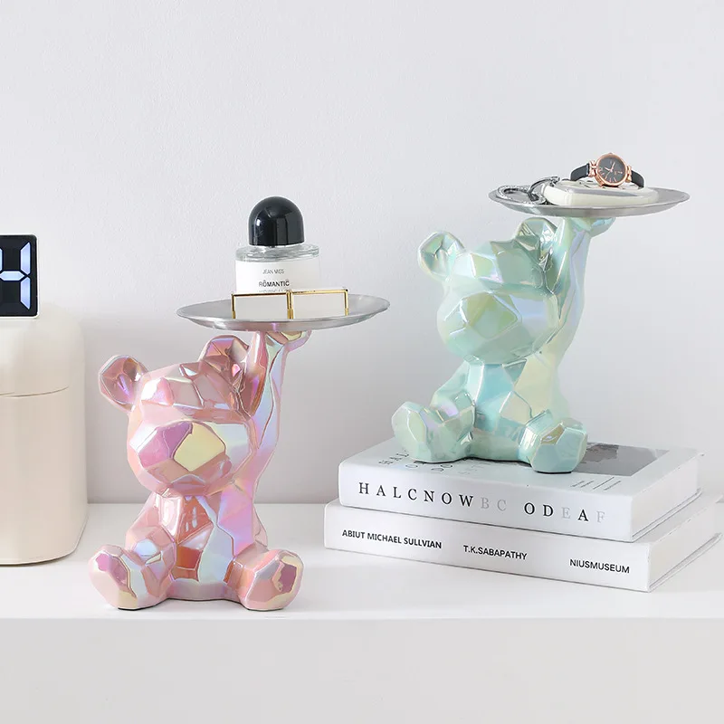 Ceramic Geometric Bear Ornament Coin Bank Home Living Room Desktop Remote Control Key Storage Tray Decorative Statue Gift