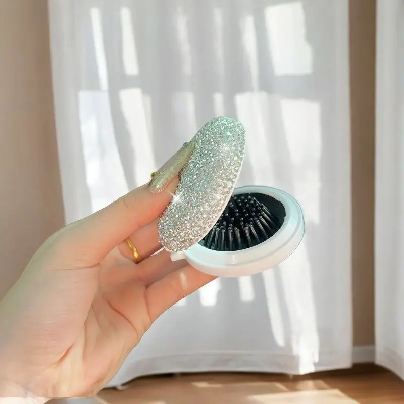Diamond-Encrusted Mini Hair-Folding Airbag Comb Portable Creative Mirror-Included Small Comb for Styling And Grooming