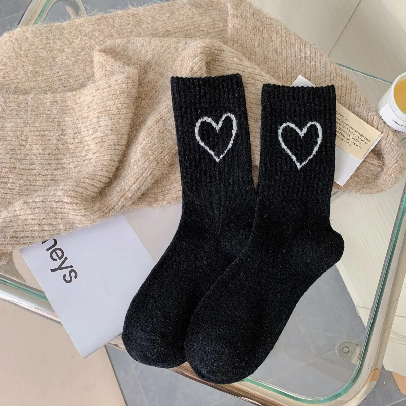 5 Paar Wollsocken mit Herzmuster für Damen, kaffeebraun, verdickt, warm, mittelhohe Socken, modische Herbst-Winter-lange Socken, hohe Qualität