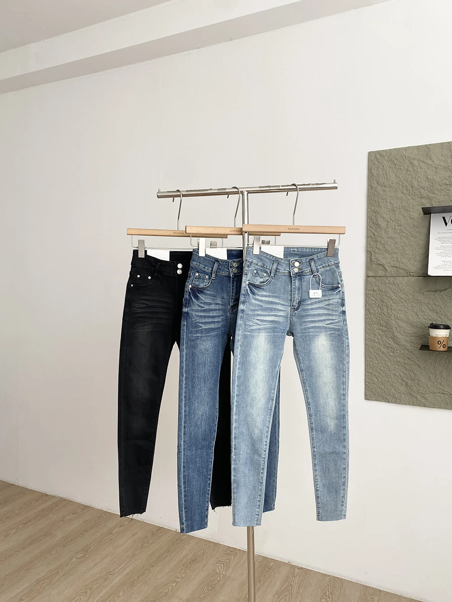 

Женские джинсы с высокой талией на двух пуговицах, облегающие, эластичные, весенние, новая модная модель, узкие брюки-карандаш из полиэстера