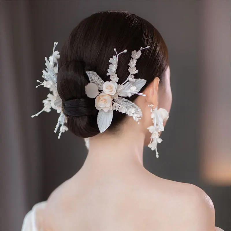 

Korean Bride Champagne Lily of The Valley Flower Hair Ornament Elegant Hair Clips Earrings Sets Wedding Accessories