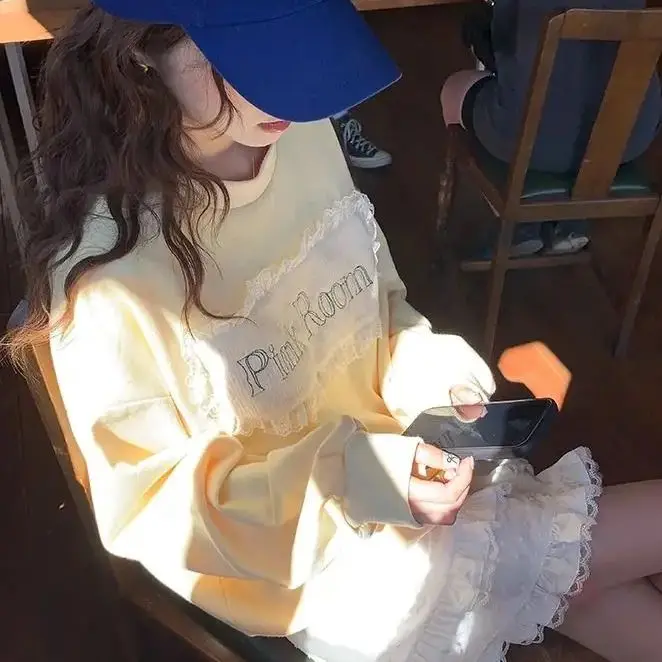 Pullover Sweatshirt Milk Fufu Lace Stitching Letter Print Top 2024 Spring New Style Loose And Versatile Long-Sleeved Sweatshirt